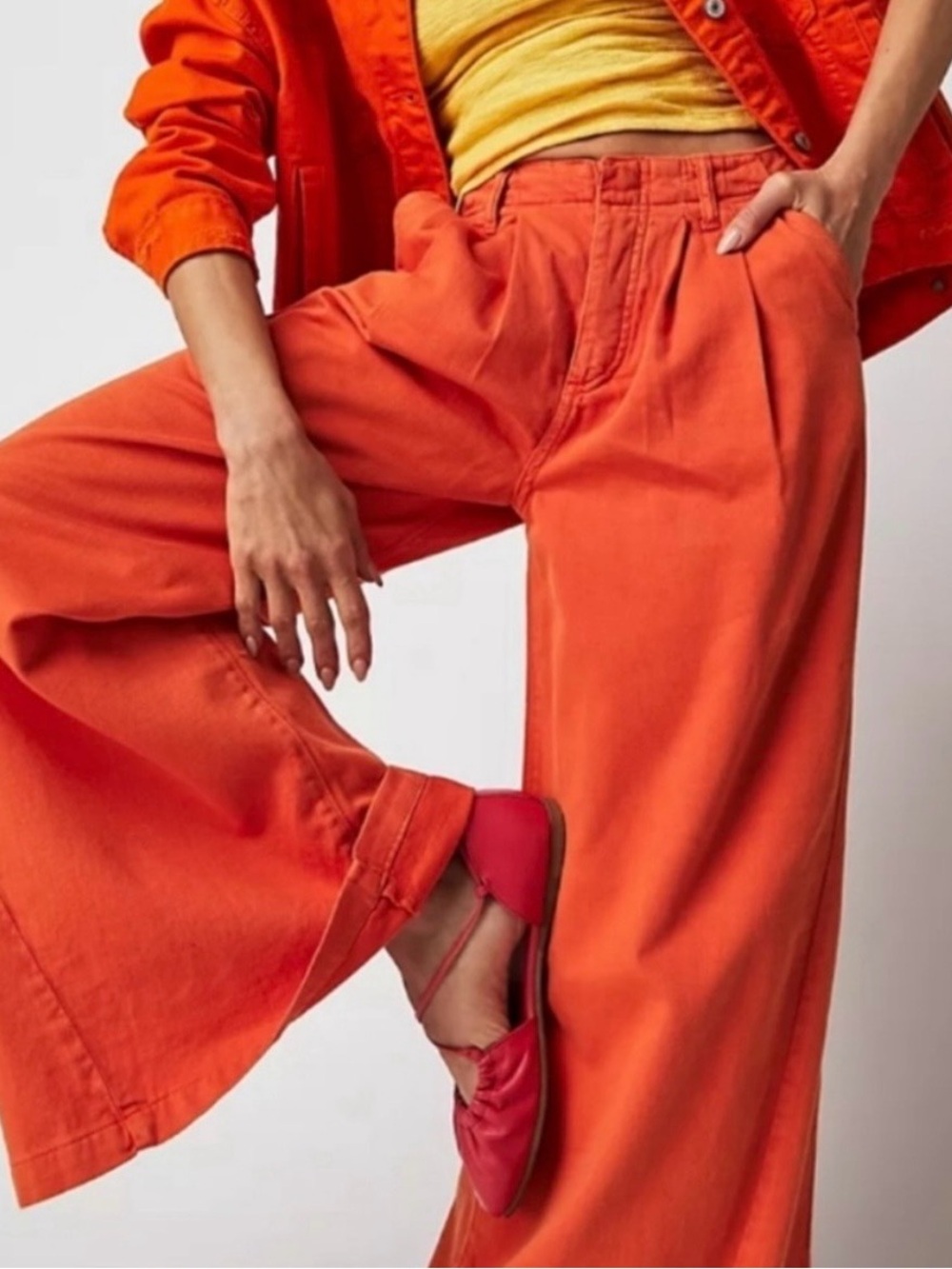 Free People Light As Spring Trousers Wide Leg Boho Pants in Ginger Orange Sz 8